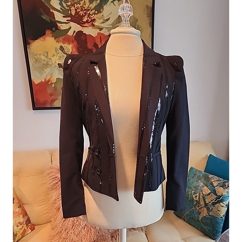 H&M “ Jackson “ Blazer Jacket Black Sequins Striped Padded Shoulders SZ 4 - Picture 3 of 5